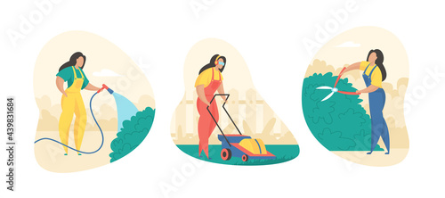 Work in garden and summer cottage. Woman in uniform cuts bushes and mows grass with lawnmower. Well maintained and clean courtyard. Watering flowering plants. Vector flat illustration