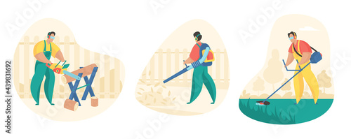 Yard and garden cleaning set. Male character is mowing lawn with trimer and cleaning leaves with garden vacuum cleaner. Sawing logs for firewood. Vector flat illustration isolated