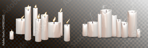Realistic 3d candle, vector Christmas, church candles collection. Wax candle for birthday cake, anniversary, religion design.