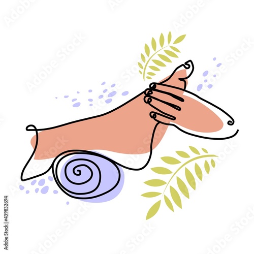 Foot massage. Female leg, hand brush, towel and leaves. The concept of foot care, spa, health care. Line art, flat style, isolated on white background.