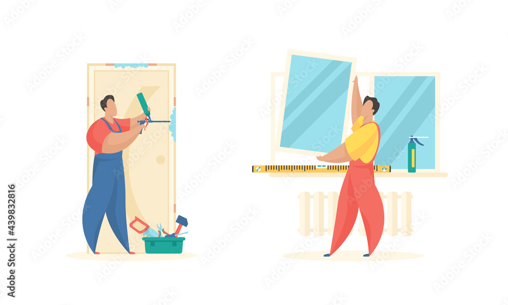 Replacement and installation windows and doors. Male characters in uniforms change double glazed windows foamed grooves doors. Toolbox and ruler level. Repair service. Vector flat illustration set Replacement and installation windows and doors. Male characters in uniforms change double glazed windows foamed grooves doors. Toolbox and ruler level. Repair service. Vector flat illustration set