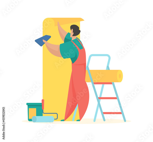 Hanging wallpaper gluing. Male character in uniform adhesive piece colored paper to wall. Bucket with glue and roller on floor. Home decoration and insulation. Vector flat illustration