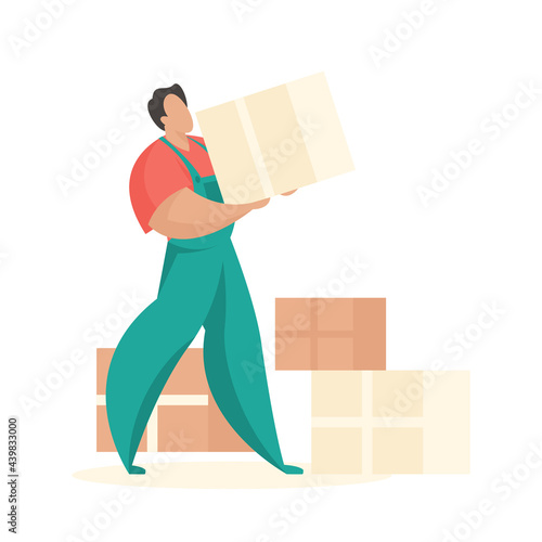 Loader with boxes of things. Professional workers for transportation and delivery furniture and interior items. Man in uniform neatly folding packed boxes. Vector flat illustration