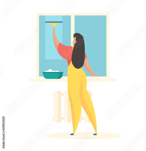 Washing windows in house. Female character in uniform with brush in hand wipes glass. Basin of detergent windowsill. House and apartment cleaning after major repairs. Vector flat illustration