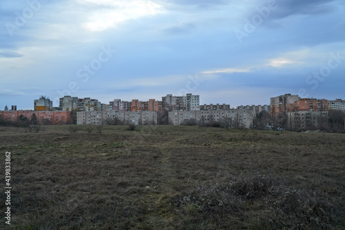 Panel blocks buildings of a housing estate on the outskirts of Veszprém, Hungary; color photo. 