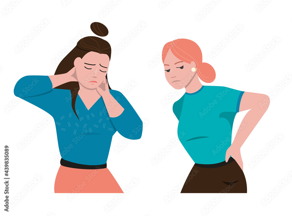 Two girls with different anatomical pains. Back pain and neck pain. Fatigue from office work. Bad mood due to discomfort. Vector illustration in cartoon style. Two girls with different anatomical pains. Back pain and neck pain. Fatigue from office work. Bad mood due to discomfort. Vector illustration in cartoon style.