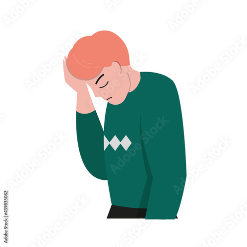 A man with a headache. A person has a bad mood due to discomfort and fatigue. A symptom of a cold. Clipart, vector illustration on an isolated white background.