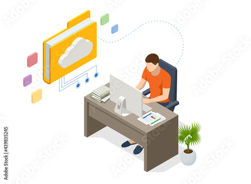 Isometric Cloud Technology. Man Working From Home. Global Outsourcing, People Using Cloud System in Distant Work and Data Storage. Clouds connected documents.