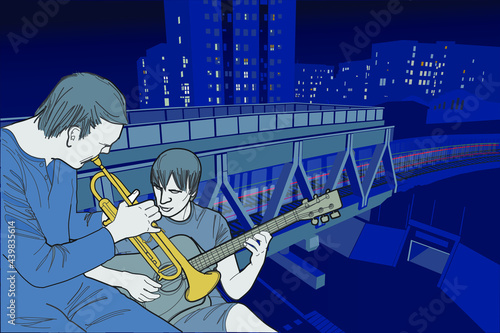 Dos músicos callejeros tocando la trompeta y la guitarra. De fondo una ciudad de noche.
