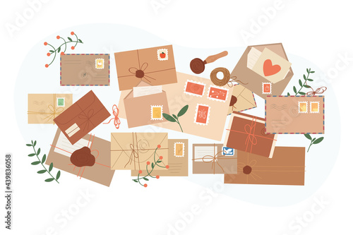 Different envelopes with mail, postcards, postmarks