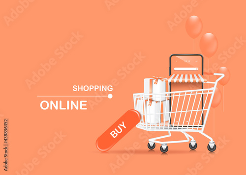 smartphone shop and white gift box in shopping cart and there is a buy icon leaning next to it for shopping online concept,vector 3d isolated on pastel pink background