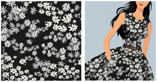 Seamless vector vintage floral pattern for gift wrap, fabric, cover and interior design with flowers. And example of usage with mock up pattern