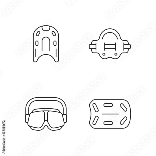 Swimming pool supplies linear icons set. Kickboard. Aqua jogger. Swimming goggles. Aquatic fitness. Customizable thin line contour symbols. Isolated vector outline illustrations. Editable stroke
