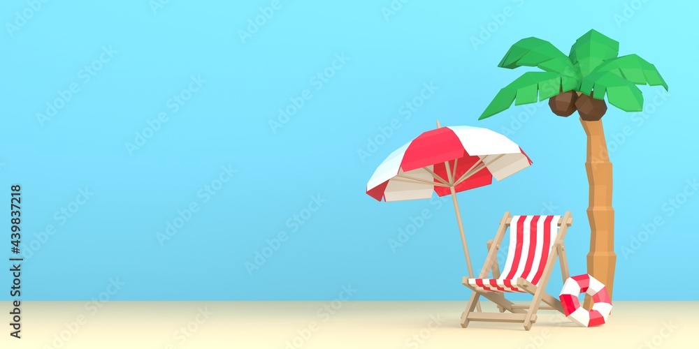 3D render of origami style beach with summer vacation elements on blue background. Travel, holidays, tourism online booking app concept. Stay home travel concept. 