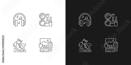 Everyday office worker routine linear icons set for dark and light mode. Listening music in headphones. Customizable thin line symbols. Isolated vector outline illustrations. Editable stroke
