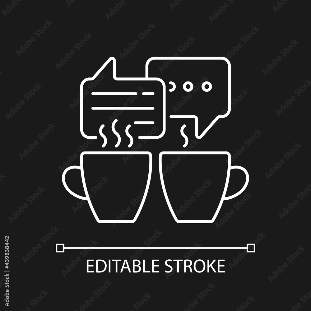 Socializing white linear icon for dark theme. Friends meeting over coffee. Talking over hot drinks. Thin line customizable illustration. Isolated vector contour symbol for night mode. Editable stroke Socializing white linear icon for dark theme. Friends meeting over coffee. Talking over hot drinks. Thin line customizable illustration. Isolated vector contour symbol for night mode. Editable stroke