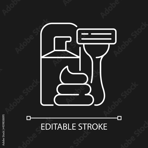 Razor and shaving cream white linear icon for dark theme. Facial skin care, hair removal for man. Thin line customizable illustration. Isolated vector contour symbol for night mode. Editable stroke