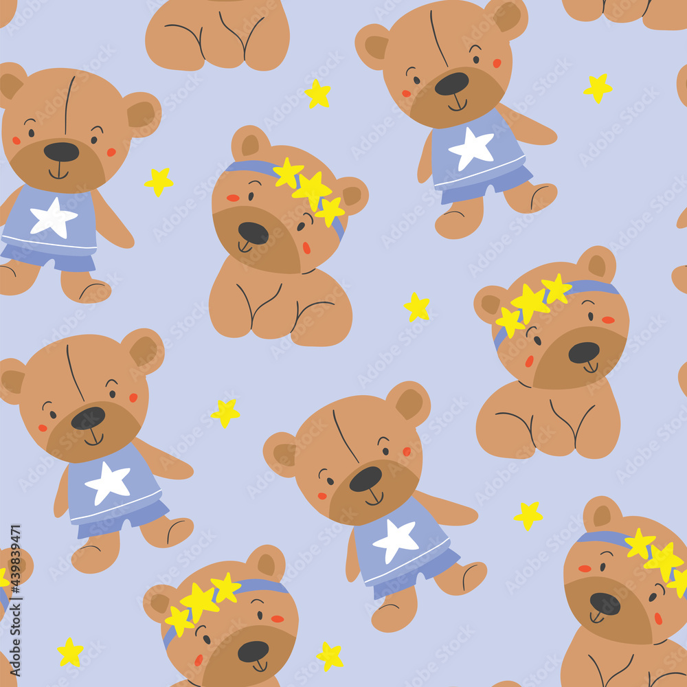 Cute vector seamless patterns with bears, stars on violet background. Kids doodle illustrations. Cute bear, stickers, stylish bear, boy and girl animals, kids unisex textile design, boys Cute vector seamless patterns with bears, stars on violet background. Kids doodle illustrations. Cute bear, stickers, stylish bear, boy and girl animals, kids unisex textile design, boys