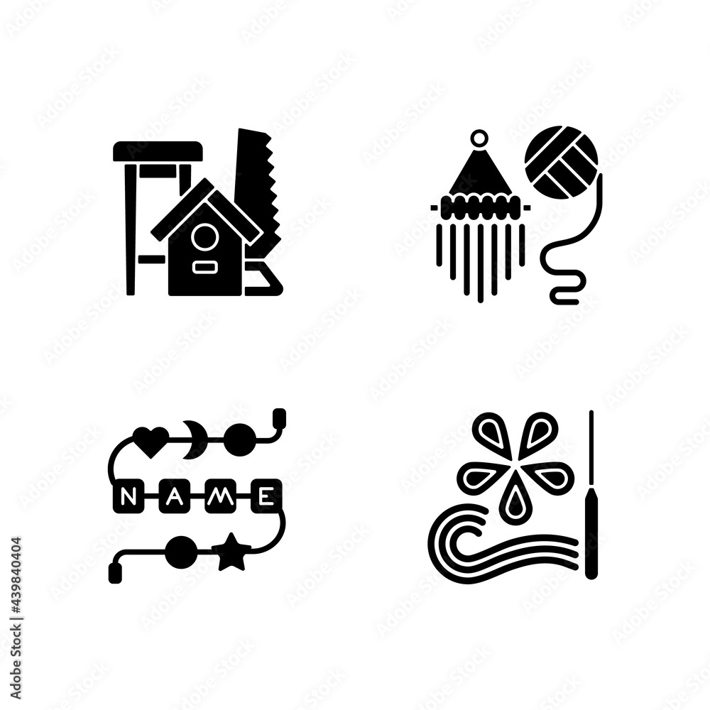 Creative activities black glyph icons set on white space. Woodworking. Yarn wall hangings. Personalised silicone teether chain. Paper quilling. Silhouette symbols. Vector isolated illustration