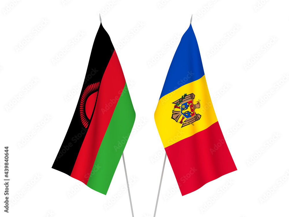National fabric flags of Malawi and Moldova isolated on white background. 3d rendering illustration. National fabric flags of Malawi and Moldova isolated on white background. 3d rendering illustration.