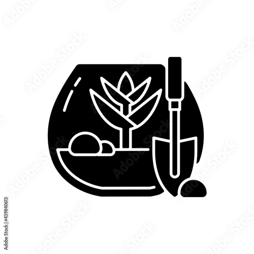DIY tropical terrarium black glyph icon. Growing plants inside humid environment. Woodland mosses under glass. Succulents in container. Silhouette symbol on white space. Vector isolated illustration