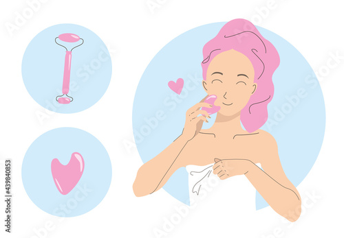 Skin care beauty procedures with quartz face roller massager. Girl after shower making facial gua sha massage with stone scraper. Home spa, skin care routine, skinimalism concept. Cartoon flat vector.