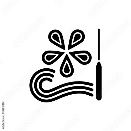 Paper quilling black glyph icon. Creating decorative designs. Using slotted tool. Rolling and gluing pieces together. Paper filigree. Silhouette symbol on white space. Vector isolated illustration