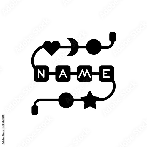 Personalised silicone teether chain black glyph icon. Practical keepsake for infant. Accessory with baby name. Teething supply. Silhouette symbol on white space. Vector isolated illustration