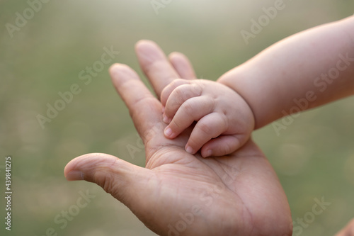 Asian Father touching and holding Little tiny Baby hand at outdoor together © eggeeggjiew