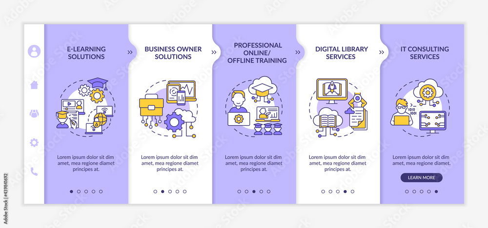 Social unit development projects onboarding vector template. Responsive mobile website with icons. Web page walkthrough 5 step screens. Online, offline training color concept with linear illustrations