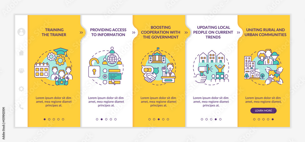 Social unit development steps onboarding vector template. Responsive mobile website with icons. Web page walkthrough 5 step screens. Training trainer color concept with linear illustrations