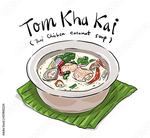 Tom Kha kai: Thai chicken coconut soup. Delicious Thai food vector illustration on white background.