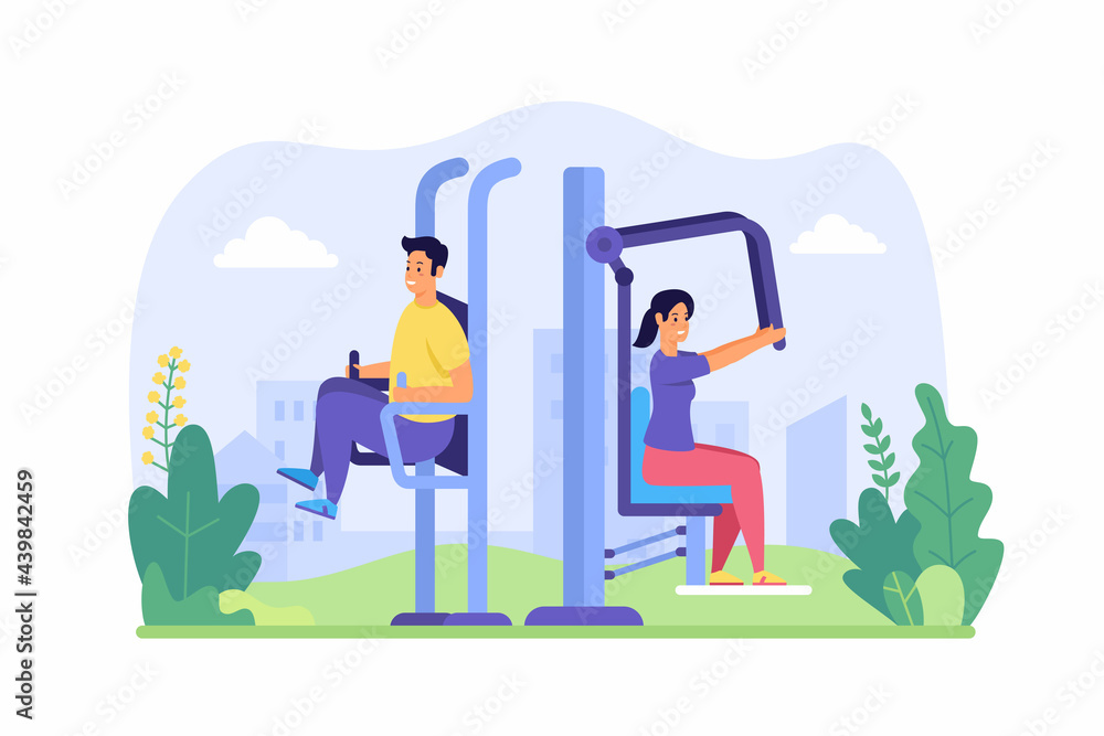 People training with fitness equipment outdoors. Male and female characters actively pumping muscles on sports mechanisms. Athletic activities in park. Rest and summer exercises. Vector flat People training with fitness equipment outdoors. Male and female characters actively pumping muscles on sports mechanisms. Athletic activities in park. Rest and summer exercises. Vector flat