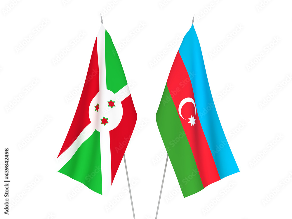 National fabric flags of Republic of Azerbaijan and Burundi isolated on white background. 3d rendering illustration. National fabric flags of Republic of Azerbaijan and Burundi isolated on white background. 3d rendering illustration.