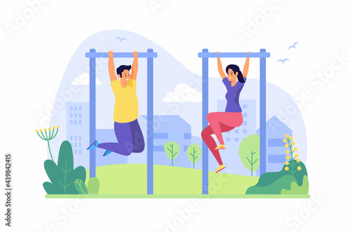 People pull up on horizontal bar. Teenagers warm up on bar in outdoor. Fitness classes and fun gymnastics summer competitions. Training gym at city site. Vector flat illustration