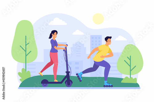 Scooter and roller skating in park. Young woman rides joyful on electric scooter. Guy runs asphalt on roller skates. Active sports and outdoor walks in park. Vector flat illustration