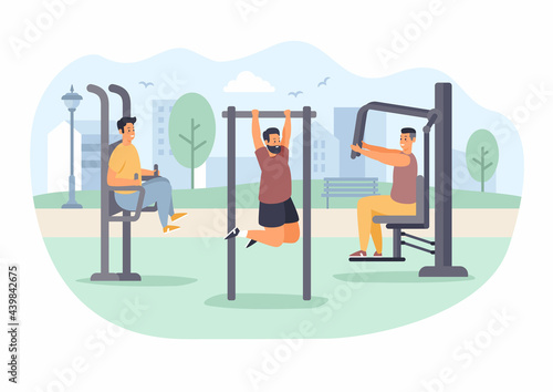 People at outdoor gym. Man with beard pulls up on horizontal bar. Guys work out muscles on simulators. Active cardio exercises in summer park. Health and strength. Vector flat illustration