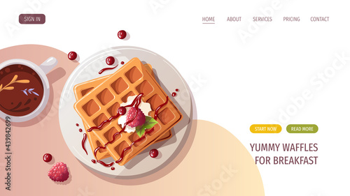 Belgian waffles with berries on the plate. Healthy eating, nutrition, cooking, breakfast menu, fresh food, dessert, recipes, pastry concept. Vector illustration for banner, website, poster, menu.