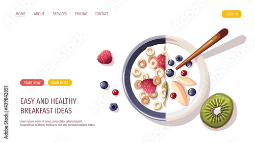 Yogurt with fruits, corn rings with milk and berries. Healthy eating, nutrition, diet, cooking, breakfast menu, fresh food concept. Vector illustration for banner, website, poster.