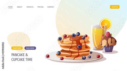 Pancakes with berries on the plate, cupcake, orange juice. Healthy eating, nutrition, cooking, breakfast menu, fresh food, dessert, recipes concept. Vector illustration for banner, website, poster.