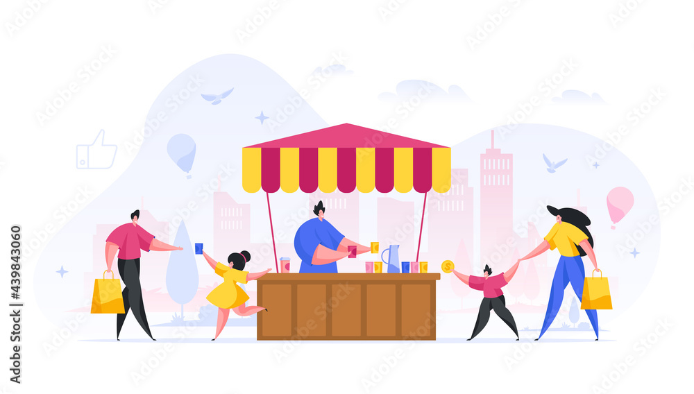 People buy juice in street stall vector concept. Boy with woman hands out money to seller. Child character gives glass of fresh juice to man. Tent vendor advertises popular organic flat drink.
