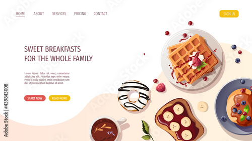 Pancakes, belgian waffles, sweet toast, donut, cup of tea. Healthy eating, nutrition, cooking, breakfast menu, dessert, recipes, pastry concept.Vector illustration for banner, website, poster.