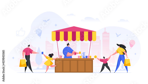 People buy juice in street stall vector concept. Boy with woman hands out money to seller. Child character gives glass of fresh juice to man. Tent vendor advertises popular organic flat drink.
