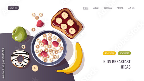 Corn rings with milk and berries. Sweet toast, donut, fruits. Healthy eating, nutrition, diet, cooking, breakfast menu, fresh food concept. Vector illustration for banner, website, poster.