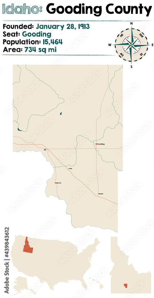 Large and detailed map of Gooding county in Idaho, USA. Stock Vector