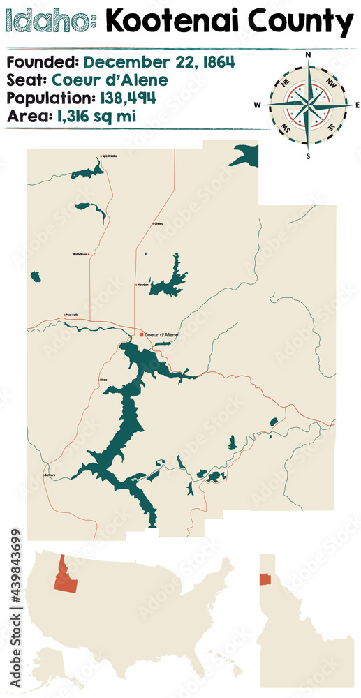 Large and detailed map of Kootenai county in Idaho, USA.