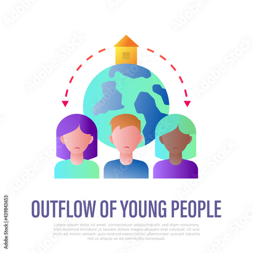 Outflow of population of young people. Workforce migration. Gradient icon of social problem. People moving around the globe. Vector illustration.
