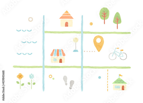 水彩の地図イラスト　アイコン　位置情報　家　建物　自転車　木　線　ショップ　お店　花　植物