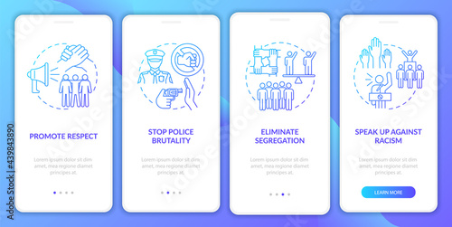 Anti-racism commitment onboarding mobile app page screen. Promote respect walkthrough 4 steps graphic instructions with concepts. UI, UX, GUI vector template with linear color illustrations