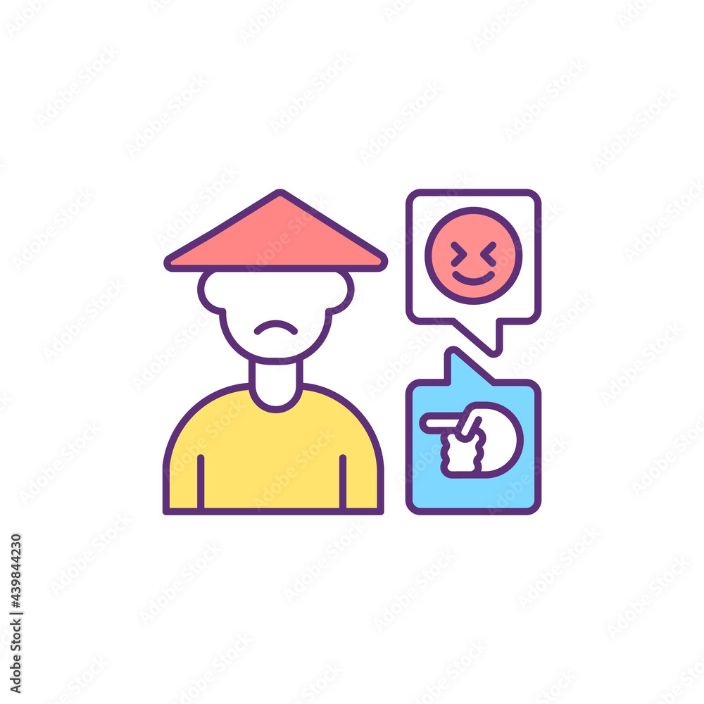 Cyber harassment against asian people RGB color icon. Cyberbullying. Isolated vector illustration. Asian american hate online. Racist and xenophobic messages on internet simple filled line drawing Cyber harassment against asian people RGB color icon. Cyberbullying. Isolated vector illustration. Asian american hate online. Racist and xenophobic messages on internet simple filled line drawing